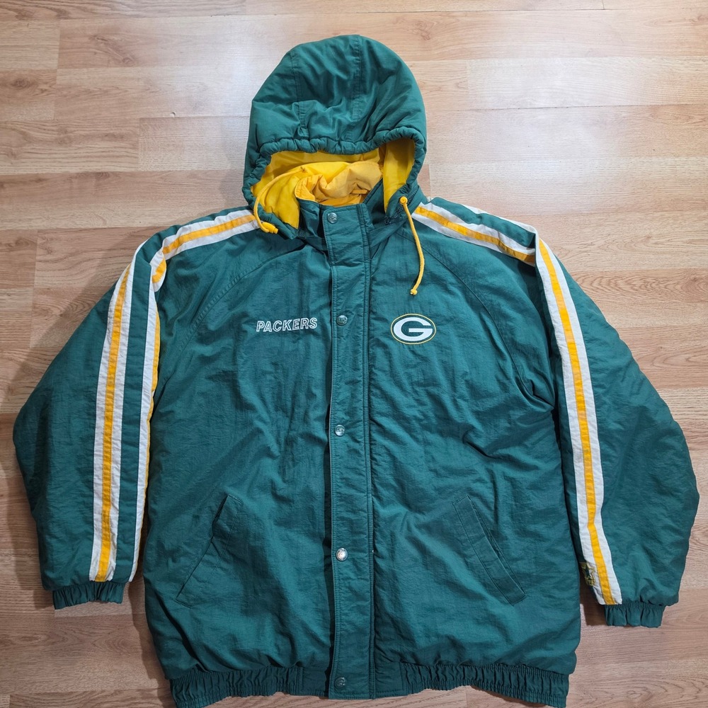 Starter Green Bay Packers Jacket Mens Large Puffer Hooded Green Vintage NFL 90s